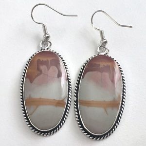New Noreena Jasper Stone Silver Overlay Hook Dangle Earrings